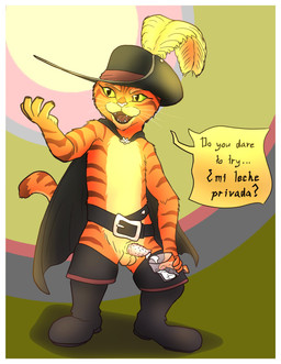 animal_genitalia animal_penis anthro balls belt bodily_fluids boots cape clothing confident container cum cum_drip cum_in_a_cup cum_in_container cup dialogue dripping ejaculation erection eyeliner feline_genitalia feline_penis footwear fur fuzzy genital_fluids genitals glass glass_container glass_cup green_eyes hat headgear headwear holding_object makeup male open_mouth open_smile orange_body orange_fur penile_spines penis question raised_arm shoes simple_background small_balls small_penis smile solo standing teeth text whiskers dregadude dreamworks puss_in_boots_(franchise) puss_in_boots_(dreamworks) domestic_cat felid feline felis mammal tabby_cat absurd_res hi_res spanish_text translated