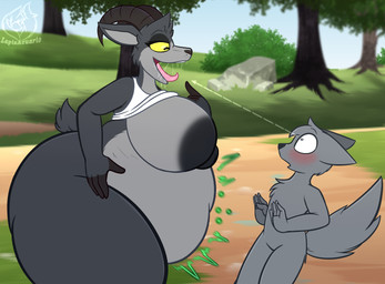 ambiguous_gender ambiguous_prey anthro areola belly big_belly big_breasts big_butt black_areola black_nipples blush blush_lines bodily_fluids bottomless boulder breasts bubble butt clothed clothing crop_top day detailed_background directional_arrow dripping duo eye_contact eyebrows eyelashes female female_pred fingers fur gesture grass grey_body grey_fur hand_gesture hooved_fingers hooves horizontal_pupils horn huge_belly huge_breasts huge_butt huge_thighs imminent_oral_vore imminent_vore logo looking_at_another looking_at_pred looking_at_prey looking_down looking_down_at_another motion_lines narrowed_eyes nipples open_mouth outside plant pointing pointing_at_mouth pointing_at_self pupils rock saliva saliva_drip saliva_string scut_tail shirt short_tail shrub side_butt sky surprised tail teeth text thick_thighs tongue tongue_out topwear tree tremble_spikes yellow_eyes lapizacuario coffee_stain_studios epic_games fortnite goat_simulator anon pilgor_(goat_simulator) ambiguous_species bovid caprine goat mammal 2026 artist_logo artist_name hi_res signature