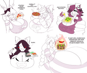 anthro backwards_baseball_cap backwards_hat bacon baseball_cap bell bell_collar big_breasts blush blush_stickers blush_through_hair bowl braided_hair breasts burger candy cereal cheese chest_tuft chopsticks cleavage clothed clothed_anthro clothed_female clothing collar collarbone container dairy_products dessert dialogue eye_through_hair eyebrow_through_hair eyebrows eyelashes eyelashes_through_hair eyeshadow female fingerless_gloves fire food food_on_breasts fruit furgonomic_baseball_cap furgonomic_hat furgonomic_headwear furgonomics gloves group hair handwear hat headgear headwear holding_bowl holding_burger holding_container holding_food holding_object holding_pizza huge_breasts hyper hyper_breasts inner_ear_fluff jalapeno_pepper jingle_bell jingle_bell_collar liquid_cheese long_ears long_hair looking_at_viewer makeup marshmallow meat nachos open_mouth open_smile pepper_(fruit) pepperoni_pizza pizza plant simple_background smile smiley_face stuffed_crust_pizza sushi talking_to_viewer text topwear translucent translucent_hair tuft white_background theycallhimcake cassie_torbjornson finley_(theycallhimcake) kyler_(theycallhimcake) maggie_applebee pb_(theycallhimcake) canid canine canis domestic_cat domestic_dog felid feline felis human lagomorph leporid mallkin mammal rabbit 2025 absurd_res bust_portrait digital_drawing_(artwork) digital_media_(artwork) english_description english_text hi_res portrait restricted_palette busty_boy_(lore) male_(lore)