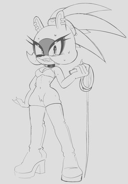 anthro bodily_fluids boots bottomless bottomless_anthro bottomless_female bra clothed clothing collar ear_piercing ear_ring female footwear genitals high_heeled_boots high_heels holding_object holding_whip humanoid_hands looking_at_viewer navel navel_piercing piercing ring_piercing sharp_teeth shoes solo spiked_collar spikes standing sweat sweaty_face teeth toothy_grin underwear vulva wearing_collar whip jisoogunn idw_publishing sega sonic_the_hedgehog_(comics) sonic_the_hedgehog_(idw) sonic_the_hedgehog_(series) surge_the_tenrec afrosoricid mammal tenrec digital_drawing_(artwork) digital_media_(artwork) english_description hi_res monochrome sketch