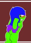 anthro blue_hair blush butt female fur genitals green_body green_fur hair highlights_(coloring) long_hair nude outline pussy red_background simple_background smile smiling_at_viewer smirk smirking_at_viewer solo teeth white_outline the_burny hazel_(jaspazel) lagomorph leporid mammal rabbit absurd_res hi_res