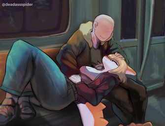 anthro bald blonde_hair blush breasts cleavage clothed clothing duo eyes_closed featureless_face female hair jacket lap_pillow lying male multicolored_body on_back thick_thighs topwear train two_tone_body vehicle deadassspider cavemanon_studios goodbye_volcano_high ko_op_(game_developer) snoot_game anon_(snoot_game) naomi_(gvh) dinosaur hadrosaurid human mammal ornithischian ornithopod parasaurolophus prehistoric_species reptile scalie hi_res