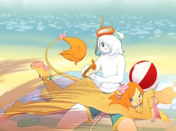 3_toes accessory alcohol anklet anthro ball barefoot beach beach_ball beverage blush bottomwear bow_(feature) bow_accessory bow_ribbon butt clothing detailed_background duo ear_piercing feet femboy flower food furgonomics hindpaw inflatable jewelry long_tail lying male male/male nude on_towel outside panties pawpads paws piercing pink_pawpads plant pool_toy ribbons sand sea seaside shorts sky soles sunscreen tail tail_accessory tail_bow tail_ribbon toes towel underwear water miu nero_(miu) rio_(miu) felid lion mammal pantherine