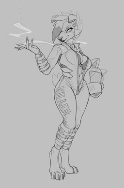 anthro armor bodysuit bra cigarette clothed clothing digitigrade ear_piercing ear_ring female headgear helmet piercing ring_piercing skinsuit solo standing text tight_clothing underwear shycryptid nintendo pokemon lily_(serpentine-drifter) generation_7_pokemon lycanroc midnight_lycanroc pokemon_(species) 2020 english_text hi_res monochrome sketch