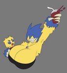 4_eyes anthro beverage big_breasts black_clothing black_topwear blue_body blue_eyes blue_fur breasts cleavage clothed clothing duo fangs female fur generation_5_pokemon grey_background hair hair_over_eyes hi_res holding_beverage holding_object huge_breasts jewelry joltik king_of_sorrow_(artist) multi_eye necklace nintendo open_mouth pokemon pokemon_(species) raised_arm sharp_teeth simple_background smile teeth thekingofsorrow topwear yellow_body yellow_fur