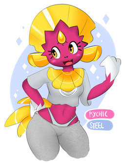 3_fingers anthro black_nose blonde_hair blush bottomwear breasts claws clothed clothing crop_top cute_fangs eyelashes fangs female fingers forehead_gem front_view fur gem gloves_(marking) gold_(metal) grey_bottomwear grey_clothing grey_panties grey_pants grey_shirt grey_topwear grey_underwear hair hand_on_hip iris looking_aside markings medium_breasts midriff navel open_mouth open_smile panties pants pink_body pink_fur pink_tongue pupils shirt small_waist smile solo sparkles standing sweatpants tail teeth tongue topwear underwear wide_hips yellow_eyes yellow_tail elpatrixf fakemon nintendo pokemon fan_character generation_4_pokemon pokemon_(species) shiny_pokemon weavile 2020 colorful_theme hi_res portrait three-quarter_portrait warm_colors