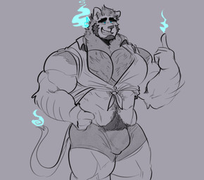 anthro barazoku beard blue_eyes body_hair briefs bulge chest_hair clothed clothed_male clothing facial_hair fire gesture grey_background grin hand_gesture hand_on_hip male muscular muscular_anthro muscular_male pecs pubes raised_finger raised_index_finger shirt simple_background smile solo standing teeth topwear underwear melaisen bernard_(melaisen) demon felid mammal pantherine 2022 absurd_res digital_drawing_(artwork) digital_media_(artwork) greyscale hi_res monochrome portrait spot_color three-quarter_portrait