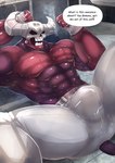 abs biceps black_eyes bottomwear bound bulge chain chained clothing dialogue hands_tied horn male mask muscular muscular_humanoid muscular_male pants pecs red_body solo text fishsticker helltaker subject_67_(helltaker) demon humanoid english_text hi_res