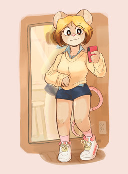anthro blonde_hair blue_bottomwear blue_clothing blue_shorts bottomwear cellphone clothed clothed_anthro clothed_female clothing collared_shirt electronics eye_through_hair eyebrow_through_hair eyebrows female female_anthro fingers footwear fur hair holding_cellphone holding_object holding_phone holding_smartphone light_body light_fur mouth_closed outlet phone pink_clothing pink_footwear pink_nose pink_socks pink_tail selfie shirt shoelaces shoes shorts smartphone smile socks solo sweater tail tan_body tan_ears tan_fur topwear translucent translucent_hair wall_(structure) window yellow_clothing yellow_sweater yellow_topwear conditional_dnp sonokido ventura_city_drifters ivy_fowler mammal mouse murid murine rodent 2022 absurd_res digital_media_(artwork) full-length_portrait hi_res portrait