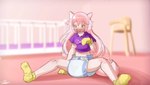 ageplay blush booties clean_diaper clothed clothing crib diaper female gag hair high_chair infantilism pacifier pacifier_gag partially_clothed pink_background pink_hair roleplay simple_background solo spread_legs spreading wearing_diaper yellow_eyes sketchmandl ranka_ookami animal_humanoid canid canine canis humanoid mammal wolf hi_res