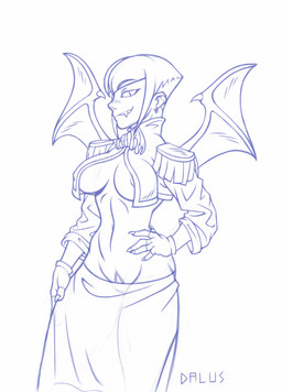 breasts clothed clothing fangs female membrane_(anatomy) membranous_wings not_furry open_clothing open_shirt open_topwear pubes shirt side_boob skimpy solo teeth topwear wings dalus humanoid undead vampire blue_and_white monochrome