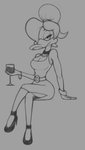 anthro beak belt black_eyes bracelet breasts clothed clothing container cup dress drinking_glass eyebrows female footwear glass glass_container glass_cup grey_background hair half-closed_eyes high_heels holding_glass holding_object jewelry looking_at_viewer narrowed_eyes necklace non-mammal_breasts shoes simple_background sitting solo wine_glass billboi disney ducktales goldie_o'gilt anatid anseriform avian bird duck 2017 monochrome traditional_media_(artwork)