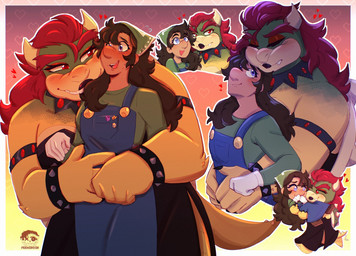 2_horns 5_fingers anthro arms_bent badge bangs bent_arm big_nose black_armlet black_bracelet black_claws black_clothing black_collar black_dress black_lips blue_clothing blue_eyes blue_overalls blush blush_lines blushing_profusely bodily_fluids border bracelet brown_eyebrows brown_hair button_(fastener) carrying_another carrying_partner claws closed_frown clothed clothed_anthro clothed_female clothed_human clothing collar crossgender dress duo eye_contact eyebrows eyelashes eyes_closed eyeshadow female female/female female_anthro female_human fingers frown frowning_at_viewer fully_clothed fully_clothed_female fully_clothed_human gem gloves green_clothing green_head green_headkerchief green_kerchief green_shell green_shirt green_topwear hair handwear happy headgear headkerchief headwear heart_symbol horn hug hugging_another hugging_from_behind jewelry kerchief larger_anthro larger_female light lips logo long_hair looking_at_another looking_up_at_partner love makeup mouth_closed mtf_crossgender open_mouth open_smile outline overalls pink_mouth pink_tongue pockets queen red_eyebrows red_eyes red_eyeshadow red_hair romantic romantic_couple royalty ruby_(gem) scales sharp_teeth shell shirt size_difference smaller_female smaller_human smile smiling_at_another smiling_at_partner spiked_bracelet spiked_shell spiked_tail spikes spikes_(anatomy) sweat sweatdrop tail tan_body tan_horn tan_scales teeth thick_eyebrows tongue toothy_smile topwear white_border white_clothing white_gloves white_handwear white_outline yellow_body yellow_scales yellow_tail feeniroir friendship_is_magic hasbro mario_bros my_little_pony nintendo beatrice_(feeniroir) bowser luigi luisa_(feeniroir) twilight_sparkle_(mlp) human koopa mammal scalie 2026 artist_logo colored digital_drawing_(artwork) digital_media_(artwork) english_description hi_res lighting multiple_images shaded