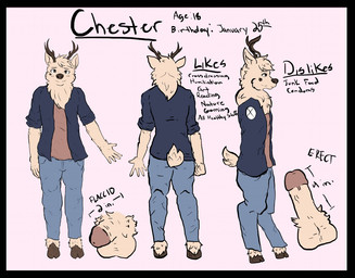black_border border circumcised clothed clothing cloven_hooves erection flaccid fully_clothed fur genitals hooves humanoid_genitalia humanoid_penis male markings penis raised_arm rolled_up_sleeves simple_background small_penis solo star tan_body tan_fur deer mammal new_world_deer reindeer model_sheet source_request