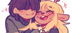anthro antlers blonde_hair blush blush_lines brown_body brown_fur brown_hair buckteeth clothing covered_eyes duo eyes_closed female freckles fur hair happy heart_symbol horn long_hair love male male/female simple_background smile sweater teeth topwear white_background jxitrash deltarune undertale_(series) kris_(deltarune) noelle_holiday cervine deer human mammal new_world_deer reindeer 2021 signature