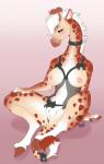 anthro biped blush breasts clothing female genitals hooves lingerie nude pose pussy simple_background sitting smile solo spread_legs spreading toradoshi jayde giraffe giraffid mammal hi_res pinup