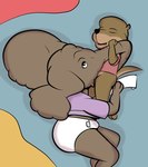 anthro bottomless clothed clothing diaper duo female looking_at_viewer male male/female oral shirt topwear young thunderouserections study_partners elephantid mammal mammoth mustelid otter prehistoric_species proboscidean