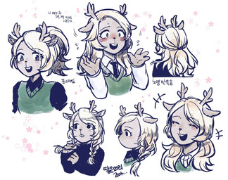 alternate_hairstyle anthro antlers black_clothing black_eyes black_necktie black_nose black_sweater black_topwear blonde_hair blush blush_lines bodily_fluids braided_hair brown_body brown_fur buckteeth clothed clothed_anthro clothed_female clothing emanata embarrassed eyebrows eyelashes female female_anthro fingers freckled_face freckles fully_clothed fully_clothed_anthro fully_clothed_female fur green_clothing green_sweater green_topwear hair horn long_hair looking_aside mouth_closed necktie open_mouth open_smile personal_grooming pigtails shirt side_braid simple_background smile solo styling_hair sweat sweatdrop sweater sweater_vest teeth text tied_hair topwear twin_braids vest white_background white_clothing white_shirt white_topwear whan deltarune undertale_(series) noelle_holiday deer mammal new_world_deer reindeer korean_text multiple_scenes