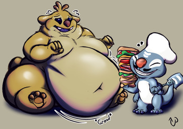 3_toes 4_arms 4_fingers antennae_(anatomy) anthro biped brown_claws brown_pawpads brown_toe_claws buckteeth claws dagwood_sandwich dipstick_antennae duo eyebrows eyes_closed facial_hair feet fingers food fur grey_body grin holding_food holding_object holding_sandwich holding_spatula holding_tool male morbidly_obese morbidly_obese_anthro morbidly_obese_male multi_arm multi_limb multicolored_antennae mustache navel obese obese_anthro obese_male open_mouth overweight overweight_anthro overweight_male pawpads purple_tongue raised_inner_eyebrows red_nose rumbling_stomach sandwich_(food) shortstack shortstack_male simple_background sitting smile spatula standing tan_background teeth toe_claws toes tongue tools yellow_body yellow_fur uplift_(artist) disney lilo_and_stitch frenchfry_(lilo_and_stitch) reuben_(lilo_and_stitch) alien experiment_(lilo_and_stitch) 2026 digital_drawing_(artwork) digital_media_(artwork)