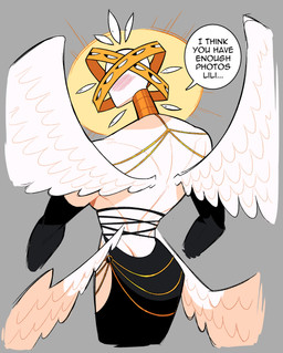 back_muscles blush clothing dialogue dress feathered_wings feathers female humor multi_eye muscular muscular_female not_furry pose solo speech_bubble text white_body white_skin wings idolomantises hollow_hip_backless_chain_dress sera_(idolomantises) angel angel_humanoid biblically_accurate_angel humanoid absurd_res english_text hi_res