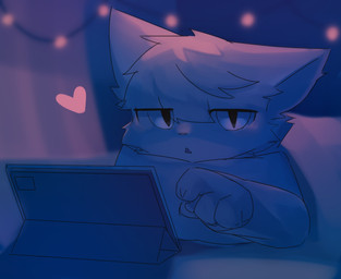 4_fingers anthro bed biped blurred_background cheek_tuft claws facial_tuft finger_claws fingers furniture half-closed_eyes heart_symbol kemono looking_at_viewer lying male male_anthro narrowed_eyes on_bed on_front open_mouth solo string_lights tablet_computer tuft young young_anthro young_male fluffyzit canid canine canis mammal wolf hi_res