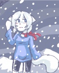 anthro bittersweet_candy_bowl blue_eyes clothed clothing domestic_cat felid feline felis female hair low_res lucy_(bcb) mammal outside snow snowing solo taeshi_(artist) white_hair