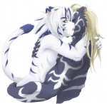 anthro brown_eyes claws duo ear_piercing fur fur_markings hair hug long_hair male male/male markings nude open_mouth piercing simple_background tail white_background miburi onmyou_taisenki kogenta_(onmyou_taisenki) rangetsu_(onmyou_taisenki) felid mammal