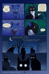 dialogue duo explaining female feral glowing glowing_eyes green_eyes group magic magic_user male markings moon night on_roof outside plant rooftop sigh silhouetted_body sitting speech_bubble star striped_markings stripes tabby_fur text tree whiskers pspspsy aleister_(pspspsy) felicia_(pspspsy) african_wildcat domestic_cat felid feline felis mammal tuxedo_cat wildcat 2:3 absurd_res comic digital_drawing_(artwork) digital_media_(artwork) english_text hi_res