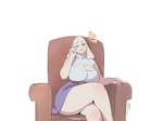 anthro big_breasts breasts cleavage cleavage_cutout clothed clothing crossed_legs cutout female fur horn mature_anthro mature_female one_eye_closed simple_background sitting solo thick_thighs white_background white_body white_fur wide_hips oanju undertale undertale_(series) toriel bovid caprine goat mammal hi_res