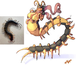 antennae_(anatomy) big_breasts black_body breasts female feral mantis_arms multi_leg multi_limb nipple_piercing nipples piercing pink_scarf scarf solo yellow_body crietgh arthropod arthropod_taur centipede centipede_taur myriapod myriapod_taur taur hi_res reference_image