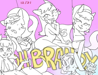 anthro bite biting_lip biting_own_lip bodily_fluids bra breasts cleavage clothed clothing clothing_lift collar duo fantasizing female holding_collar holding_object multiple_poses nervous nervous_sweat nude pink_background pose seductive self_bite shirt shirt_lift simple_background solo_focus sweat topwear underwear dbaru brandy_and_mr._whiskers disney nickelodeon t.u.f.f._puppy brandy_harrington kitty_katswell canid canine canis domestic_cat domestic_dog felid feline felis mammal 2026 crossover hi_res