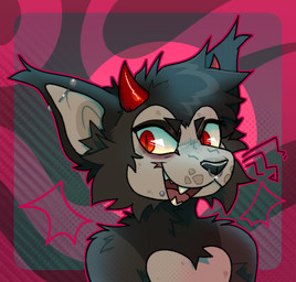 ambiguous_gender anthro black_body black_fur black_nose ear_piercing eye_bags facial_piercing fur horn industrial_piercing lip_piercing lip_stud nose_piercing nose_ring open_mouth open_smile outline piercing pupils red_eyes red_horn red_outline ring_piercing septum_piercing septum_ring slit_pupils smile snout solo whisker_spots whiskers jaspering cat_demon domestic_cat felid feline felis lykoi mammal 2025 bust_portrait clip_studio_paint_(artwork) digital_drawing_(artwork) digital_media_(artwork) portrait shaded nonbinary_(lore)