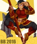 anthro armor black_hair brown_body brown_fur bulge fur hair male solo staff weapon blackbear journey_to_the_west league_of_legends riot_games tencent sun_wukong wukong_(lol) haplorhine mammal monkey primate 2016