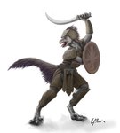 ambiguous_gender anthro arm_feathers armor bared_teeth belt breastplate carakav_(artist) clawed_fingers claws clothed clothing curved_claws curved_sword destroyermen_series_(copyright) digitigrade dinosaur dromaeosaurid feathered_dinosaur feathered_scalie feathers fighting_pose gauntlets gloves grey_body grik_(destroyermen) handwear head_feathers headgear hi_res leather leather_armor melee_weapon pose red_body red_feathers reptile scalie shield shin_guards shoulder_guards simple_background solo sword tail tail_feathers taylor_anderson_(copyright) teeth theropod toe_claws torso_feathers watermark weapon white_background