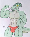 abs anthro barazoku biceps big_arms big_muscles big_pecs bulge clothing crocodile_tail fingers flexing flexing_bicep flexing_muscles green_body looking_at_viewer male manly muscular muscular_anthro muscular_male pecs red_clothing red_underwear sharp_teeth simple_background smile snort snorting tail teeth thick_tail underwear vein veiny_arms white_background yellow_sclera dashthefox crocodile crocodilian crocodylid reptile scalie 2024 absurd_res hi_res traditional_media_(artwork)