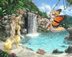 anthro clothed clothing cloud detailed_background female feral fur group hair happy humanoid_pointy_ears insect_wings lepidopteran_wings long_hair long_tail male nature outside pink_body pink_fur plant pointy_ears rock sitting skimpy sky spots tail vines water waterfall wings yellow_body yellow_fur kacey aeri kairi canid canine cheloniid chimera felid green_sea_turtle mammal reptile scalie sea_turtle taur turtle 2010