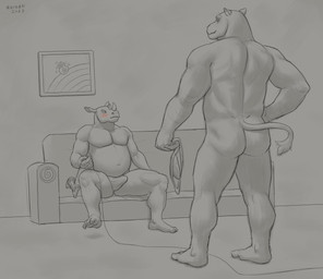 anthro anthro_on_anthro back_groove belly big_belly bottomwear clothed clothing controller duo erection erection_under_clothing facial_horn front_view furniture grin hand_on_hip holding_clothing holding_controller holding_jockstrap holding_object holding_underwear horn inside jockstrap male male/male muscular muscular_anthro muscular_male narrowed_eyes nose_horn nude overweight overweight_anthro overweight_male painting_(object) rear_view sitting smile sofa spread_legs spreading tail tail_tuft topless tuft underwear aduran eithan_(nalkhan) voltaire_(nalkhan) common_hippopotamus hippopotamid mammal rhinoceros 2023 dated hi_res spot_color