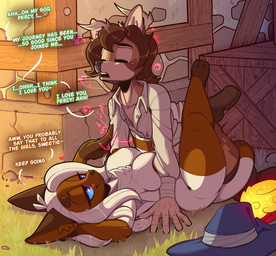 3_toes 5_fingers ambiguous_penetration anthro anthro_on_anthro anthro_penetrated anthro_penetrating anthro_penetrating_anthro antlers areola big_breasts blue_eyes blue_sclera breasts brown_areola brown_hair brown_nipples chest_tuft clothing collared_shirt crossgender dialogue dipstick_tail dress_shirt duo eyebrows eyelashes eyes_closed feet female female_anthro female_penetrated fingers footwear footwear_only from_front_position gloves_(marking) hair hand_behind_head heart_symbol horn inner_ear_fluff leg_markings leg_wrap long_hair looking_at_another looking_at_partner lying male male/female male_anthro male_penetrating male_penetrating_female markings missionary_position mostly_nude mtf_crossgender name_in_dialogue nipples on_back one_shoe_on open_mouth penetration penile penile_penetration sex shirt shoes shoes_only smile socks_(marking) tail tail_around_leg tail_markings text toes topwear tuft white_hair conditional_dnp teckworks percy_(teckworks) deer domestic_cat felid feline felis mammal siamese_cat 2026 colored digital_drawing_(artwork) digital_media_(artwork) english_text shaded