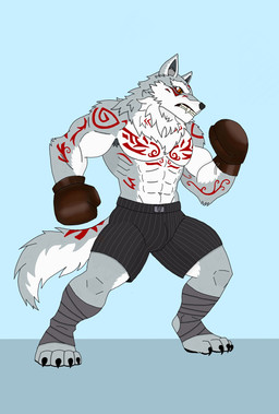 anthro bandage bandaged_foot boxers_(clothing) boxing clothing male muscular muscular_male solo sport tattoo underwear jagerwolf12 epic_games fortnite fletcher_kane canid canine canis mammal wolf hi_res