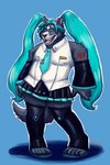 2:3 adastra adastra_(series) alexyorim amicus_(adastra) anthro blue_background blue_eyes canid canine canis clothed clothing cosplay crossdressing echo_project fur grey_body grey_fur hair hatsune_miku hi_res male mammal necktie simple_background solo teal_hair teal_necktie turquoise_hair vocaloid white_muzzle wolf