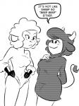 :3 anthro blush breasts duo female hair hands_on_hips horn smile snout speech_bubble text smaggthesmug asdfmovie beep_beep_i'm_a_sheep droopy_(series) metro-goldwyn-mayer sheep_wrecked leggy_lamb bovid bovine caprine cattle domestic_sheep mammal sheep 3:4 black_and_white english_text meme monochrome