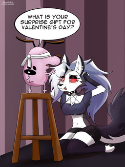 anthro blindfold breasts clothed clothing dialogue duo female fully_clothed fur furniture holidays imminent_oral licking licking_lips male male/female multicolored_body multicolored_fur navel pink_body pink_fur size_difference stool suggestive suggestive_look text tongue tongue_out thegiftedfire cartoon_network courage_the_cowardly_dog hellaverse helluva_boss mythology valentine's_day courage_the_cowardly_dog_(character) loona_(helluva_boss) beagle canid canid_demon canine canis demon domestic_dog hellhound hunting_dog mammal mythological_canine mythological_creature scent_hound english_text hi_res signature