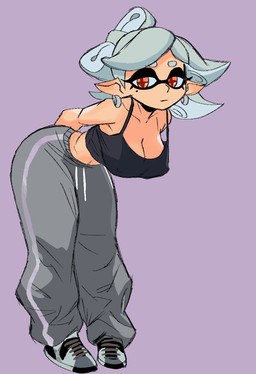 big_breasts bottomwear breasts cleavage clothed clothed_female clothed_humanoid clothing collarbone crop_top cross_pupils drawstring_bottomwear ear_piercing ear_ring eyebrows eyelashes female female_humanoid footwear fully_clothed fully_clothed_female fully_clothed_humanoid grey_bottomwear grey_clothing grey_eyebrows grey_pants grey_sweatpants grey_tentacles hand_behind_back hanging_breasts humanoid_pointy_ears markings midriff mole_(marking) mouth_closed navel nipple_outline pants piercing pointy_ears pseudo_grey_hair pseudo_hair purple_background ring_piercing shirt shoelaces shoes simple_background sleeveless_shirt small_waist solo sweatpants tan_body tan_skin tentacle_hair tentacles thick_thighs topwear white_sclera dumbwitchyy nintendo splatoon marie_(splatoon) aquatic cephalopod humanoid inkling mollusk 2026 digital_drawing_(artwork) digital_media_(artwork) full-length_portrait hi_res portrait