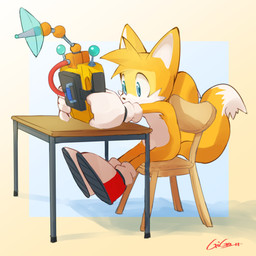 anthro blue_eyes clothing footwear gloves handwear looking_at_screen male mostly_nude shoes sitting solo young jimnydaisuki sega sonic_the_hedgehog_(series) miles_prower canid canine fox mammal 1:1 hi_res