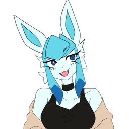 anthro big_ears blue_body blue_eyes blue_fur blue_hair blush blush_lines breasts cheek_tuft choker clothing eyelashes facial_tuft fangs female female_anthro fur hair jacket jewelry medium_breasts necklace open_mouth open_smile pokemorph smile teeth tongue topwear tuft mun_rue nintendo pokemon eeveelution generation_4_pokemon glaceon pokemon_(species) 1:1 2026 bust_portrait digital_drawing_(artwork) digital_media_(artwork) portrait