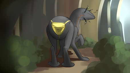 4_eyes ambiguous_gender bikini butt clothed clothed_feral clothing eyestalks feral gold_bikini grey_body grey_skin heart_symbol hexapodal looking_at_viewer looking_back looking_back_at_viewer multi_eye partially_clothed presenting presenting_hindquarters rear_view swimwear two-piece_swimsuit yellow_eyes shufflefur alien birrin 16:9 4k absurd_res hi_res widescreen