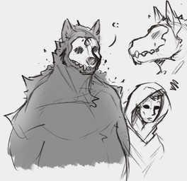 anthro belly big_belly bone clothed clothing duo empty_eyes front_view hood male male_anthro male_human mouth_closed nude overweight overweight_anthro overweight_male side_view simple_background skull skull_head solo jezzlen caligo_(jezzlen) human mammal monochrome sketch sketch_page