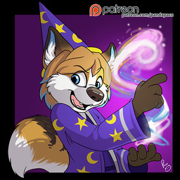 anthro blue_eyes brown_nose cheek_tuft clothed clothing dipstick_ears ear_markings facial_tuft fur glistening glistening_eyes gradient_background hair hat headgear headwear inner_ear_fluff logo looking_at_viewer magic_user male multicolored_ears open_clothing open_mouth open_smile open_topwear orange_body orange_fur orange_hair purple_clothing purple_hat purple_headwear purple_topwear short_hair simple_background smile solo topwear tuft white_body white_fur white_inner_ear_fluff young young_anthro young_male pandapaco canid canine mammal 1:1 artist_logo half-length_portrait portrait signature