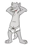 2019 3_toes anthro barefoot briefs canid canine canis clothed clothing coyote feet fur grey_body grey_fur half-closed_eyes hands_behind_head heyitscousindave hybrid kyle_mckinley male mammal narrowed_eyes navel open_mouth open_smile simple_background smile solo standing teeth_showing tighty_whities toes tongue_showing topless underwear underwear_only white_background white_briefs white_clothing white_underwear wolf