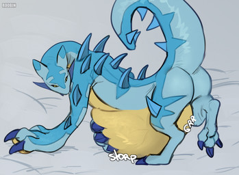 ambiguous_feral ambiguous_gender arm_spikes back_spikes belly big_belly blue_body blue_tail digitigrade feral huge_belly quadruped side_view solo spiked_tail spikes spikes_(anatomy) tail text thick_tail vore yellow_body yellow_eyes roobin palworld pocketpair cryolinx pal_(species) artist_name hi_res